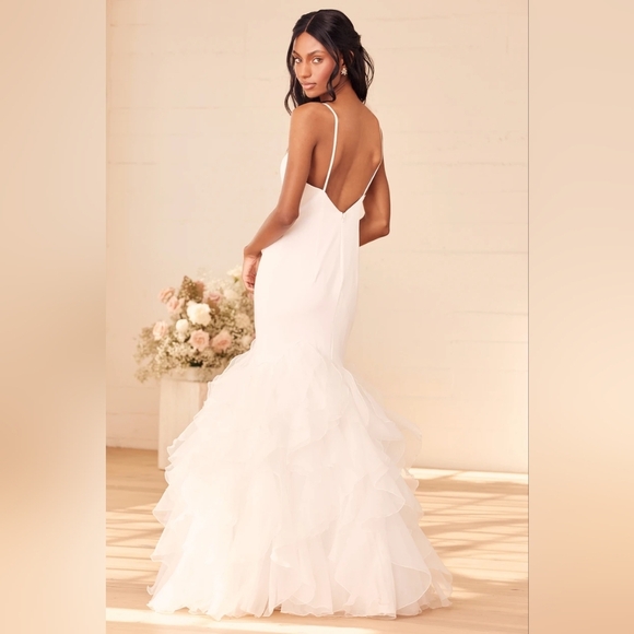 Lulus Extravagance White Ruffled Organza Mermaid Maxi Dress 4 Wedding Bridal - Picture 5 of 11